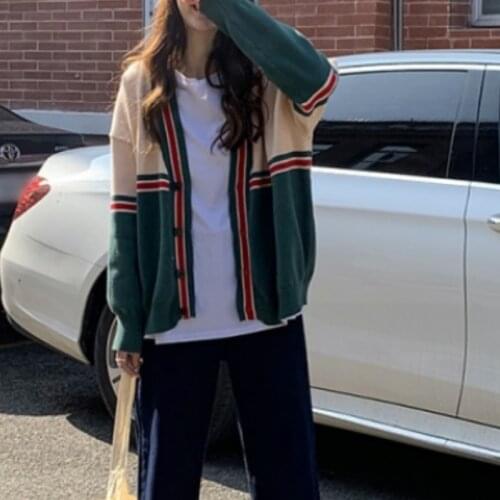 Women Button Up Casual Loose Fashion Knitted Tops Cardigan Autumn Patchwork Cardigans V-Neck Sweaters Preppy Jacket Coats Female