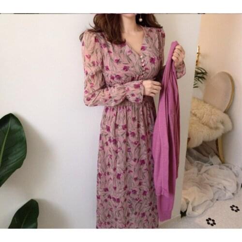 2021 Spring Elegant Floral Women Dress Print Chiffon Party Long Sleeve Long Skirt Fashion V-neck Slim Waist A Line Dresses