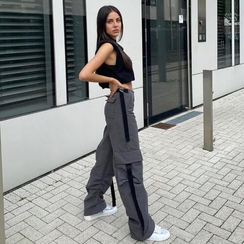Streetwear womens new irregular belt high waist tooling casual straight leg pants Pockets Patchwork Hippie Cargo trousers
