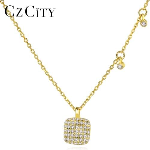 CZCITY 18K Gold Plated Elegant Square Pendant Necklace for Women Petite Sparkling CZ Stone Paved 925 Silver Charm Femme collana