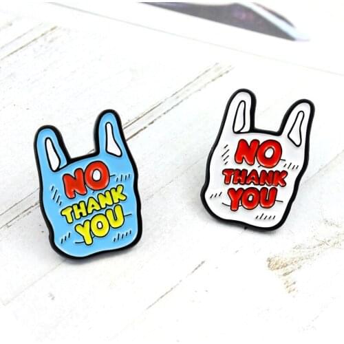 "No Tahnk You" Interesting Green Environmental Protection Plastic Bag Badge Clothing Lapel Pin Jewelry Brooch Gift Wholesale