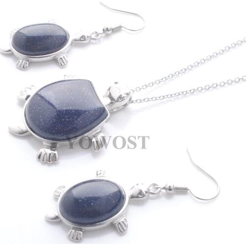 Classic Fashion Jewellery Set Female Hoop Earrings Cute Tortoise shape Blue Sand Stone Pendant & Necklace Chain 18 inches IQ3102