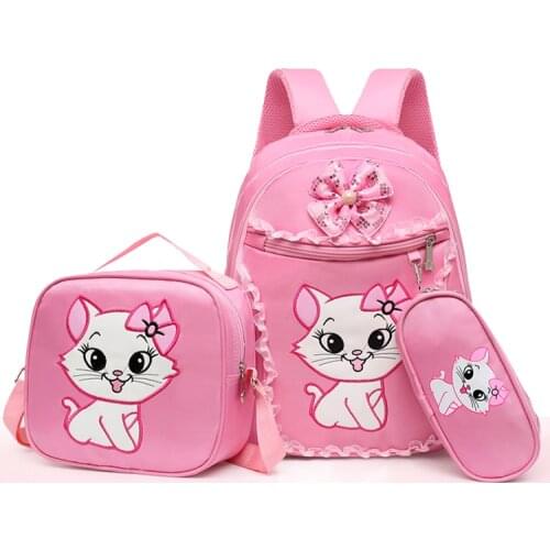 Pink Marie Cat Cute Girls Backpack School Bag With Lunch and Pencil Case Set 3 for Children Primary School Book Bags