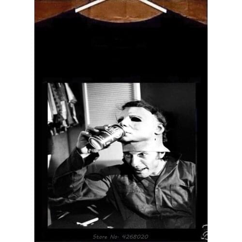 Michael Myers T Shirt; Nick Castle Michael Myers Drinking Dr Pepper New Summer Men;s 100% Cotton Cool Short Sleeve Shirts tees