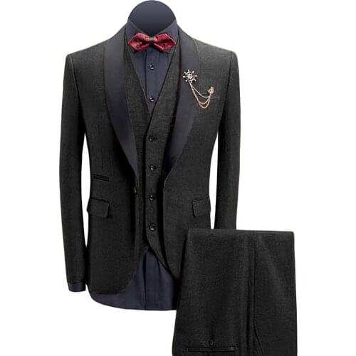 Black/Grey/Brown Mens Suits 3 piece Casual Slim Fit Shawl Lapel V Neck Tuxedo for Wedding Suits Men 2019 (Blazer+vest+Pants)