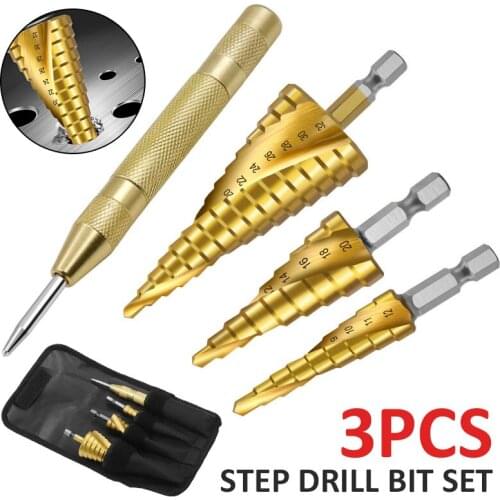 4PCS High Speed Steel Titanium Step Drill Bit Set With Automatic Center Punch For Garden Tools Accessories