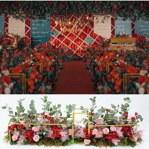 Customized Table Floor Flower Simulation Flower Arch Flower Arrangement Decoration Wedding T-wedding Row Silk With Green Leaves