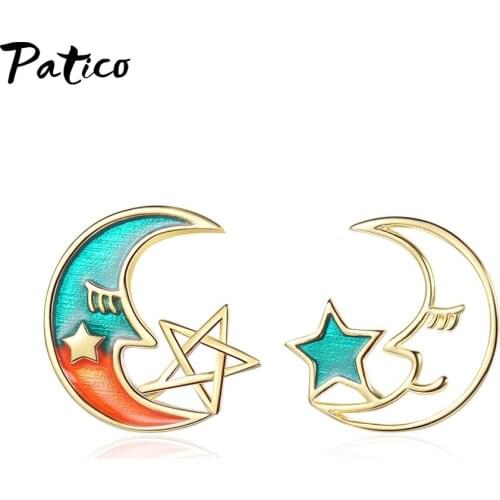 Romantic Gold Star Moon Earrings For Women Girl Romantic Colorful Stud Earrings Ear Statement Female Jewelry Party Gifts Bijoux