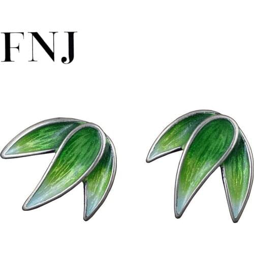 FNJ Shaolan Bamboo Leaf Earrings 925 Silver Original Pure S925 Sterling Silver Stud Earring for Women Jewelry