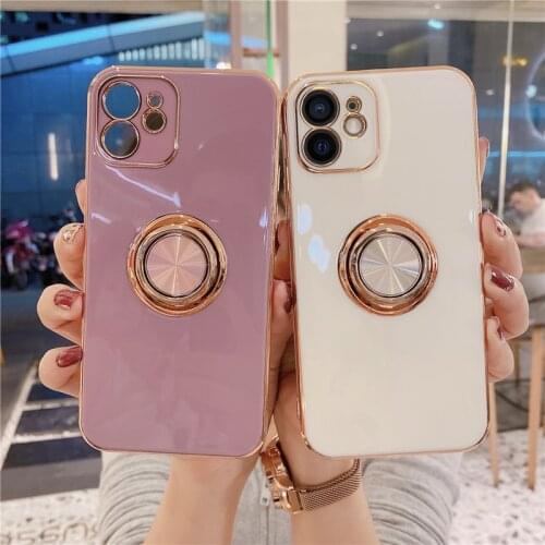 Luxury Plating Silicone Solid Color Metal Ring Holder Phone Case For iPhone 11 12 Pro Mini XS Max X XR 8 7 Plus Soft Phone Cover