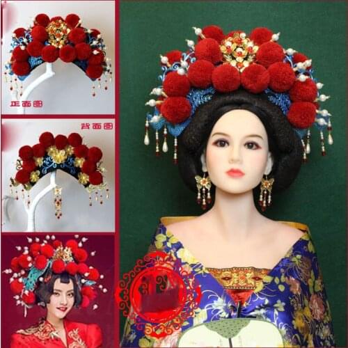 Tradition Chinese Wedding Bride Tiara Classical Opera Tiara Red Bobbles XiuHeFu Hanfu Costume Hair Accessory Photography Tiara