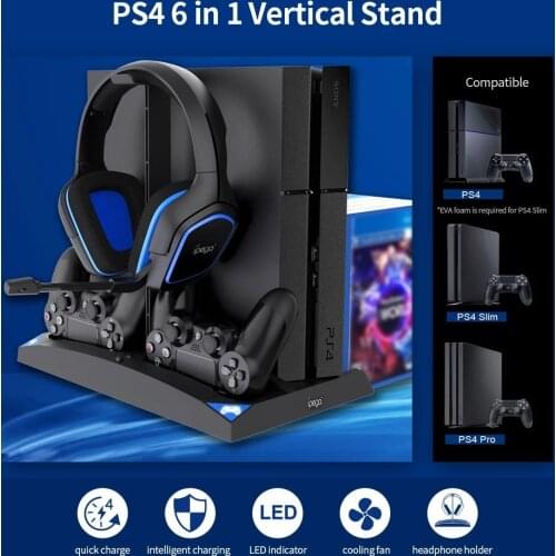 Game Vertical Stand 6 in 1 Multifunctional Cooling Fan Headphone Holder Controller Charging Base for PS4/Slim/PRO Accessories
