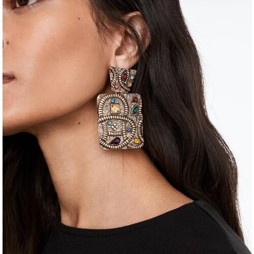 JUJIA Vintage Ethnic Gold Drop Earrings For Women Geometric Crystal Earings Gift Oorbellen India Wedding Jewelry