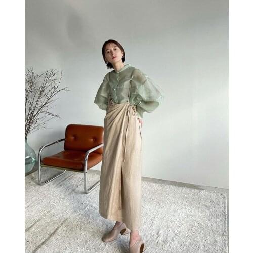 Avocado Green Shirt See-through Profile Loose and Slim Long-sleeved Top