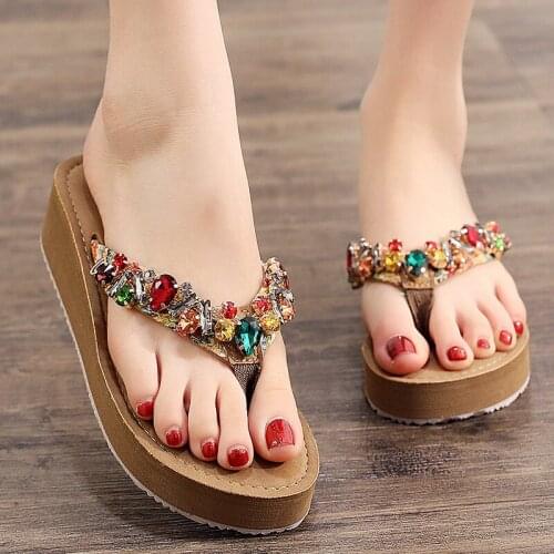 Women Summer Open Toe Chunky Heel Sandals Fashion Crystal Rhinestones Beach Flip Flops Woman Bali vacation Outside Slides Shoes