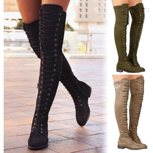 Fashion Women Cross Strap Suede Leather Boots Autumn Winter Knee High Boots Lady Thick Sole Platform Boots Over The Knee Boots