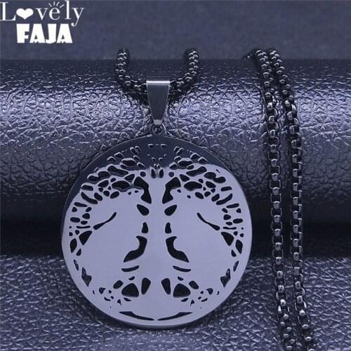 Witchcraft Tree of Life Two Rabbit Chain Necklace Black Color Stainless Steel Chain Necklaces Women/Men Jewelry collar N4300S03