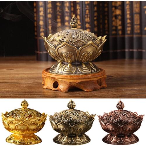 Behogar Holy Tibetan Lotus Shape Aromatherapy Alloy Bronze Mini Incense Burner Incensory Holder Stove Craft for Home Decoration