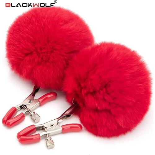 BLACKWOLF 1 Pair Fur Ball Leather Nipple Clamps Feather Breast Clips Teasing Sex toys for Women Slave Bdsm Exotic Accessories