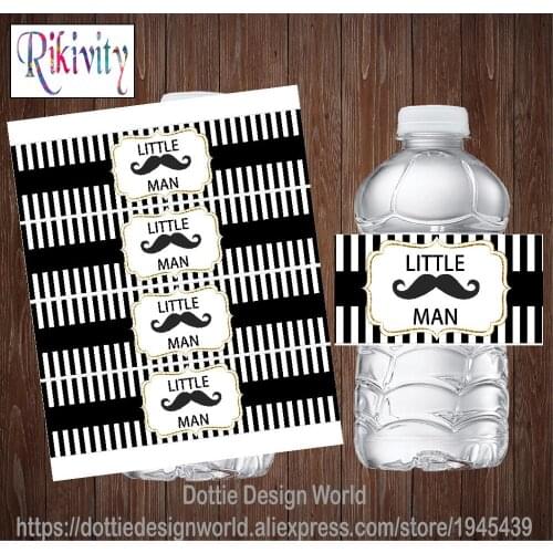 20Pcs Black Stripe Mustache Little Man Baby Shower Water Bottle Wine Labels Candy Bar Wrapper Stickers Birthday Party Decoration