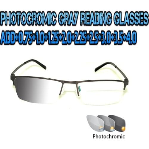 Photochromic Gray Reading Glasses Ultralight Trend High Quality Fashion Men Women Black Metal Frame +0.75 To +4.0