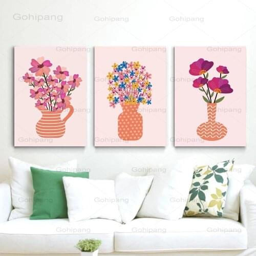 Plant Flower Canvas Painting Pink Background Vase Art Oil Painting Living Room Corridor Office Home Decoration Mural Painting