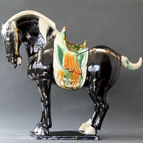 Black Horse Craft Collectible Decorated Handwork Ceramic Statue Home Ornament Study Room Decoration