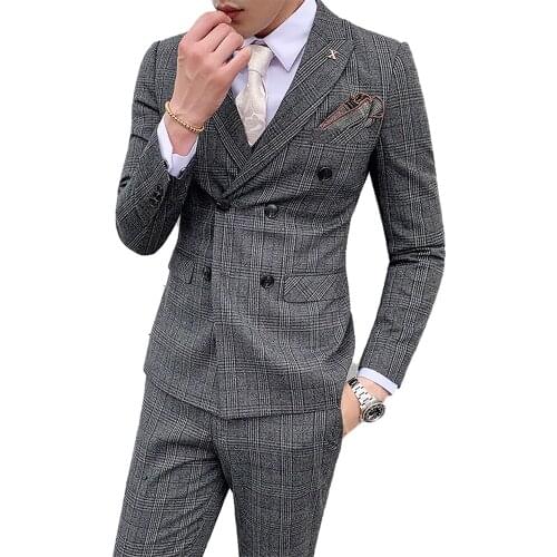 Two Piece Set Brand Mens Suits Male Suit Wedding Double Breasted Suit Slim Gray Plaid Business Suit Men Dark Brown Tuxedo Blazer