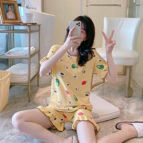 Summer Womens Pure Cotton Short Sleeve Students Cute Cartoon Pajamas Thin Loose-Fit Two-Piece Set Korean-style Sweet Home Wear