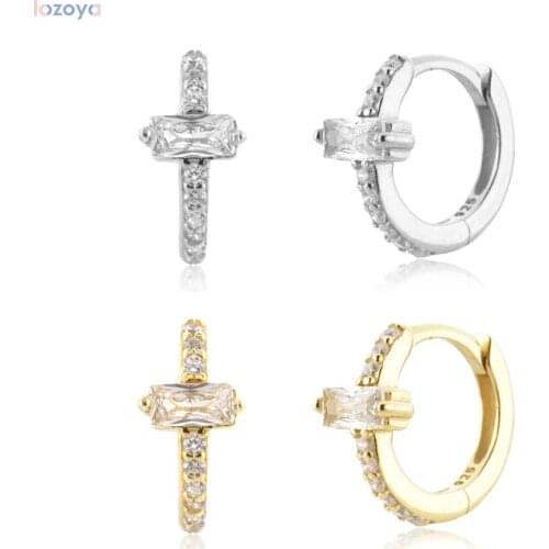 Lozoya 925 Sterling Silver Gold One Zircon Pave Women Fine Huggies Hoops Clips Piercing Jewelry Rock Punk Jewels Pendientes