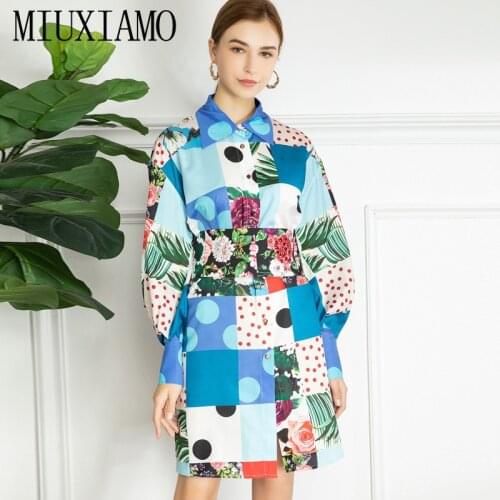 MIUXIMAO 2021 Spring Summer New Women Dot DiamondsFlower Blue Check PrintLong Sleeve Elegant Mini Dress Fashion + Waist Closure
