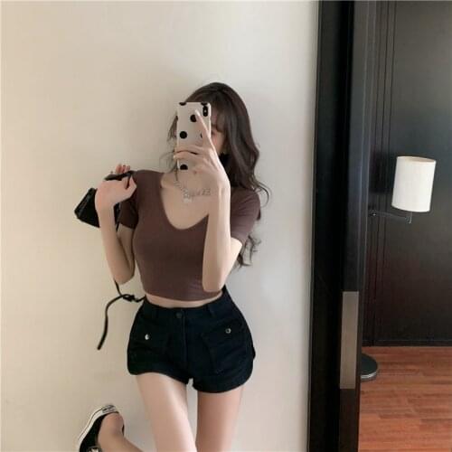 Fashion Sexy Crop short sleeve Tight T-shirt Solid Harajuku Korean Female V-neck Short Summer Women Tops 2021 woman tshirts