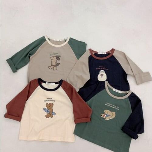 2021 New Autumn Korean Style Cartoon Printed Baby Boys T-shirts Raglan Sleeve Kids Tops Children Casual Tees