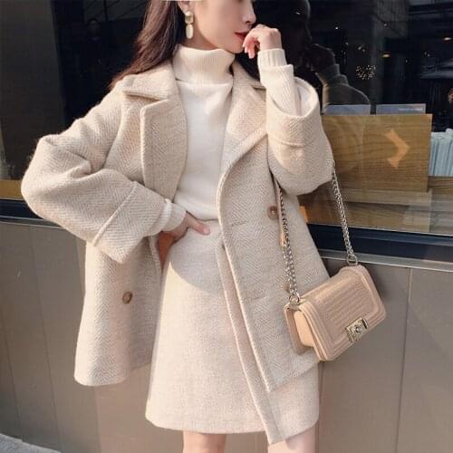 2019 Autumn Warm Two Piece Set Woolen Bottons Long Sleeves Cardigans and Mini Skirt High Waist Streetwear Suit Sets XZ596