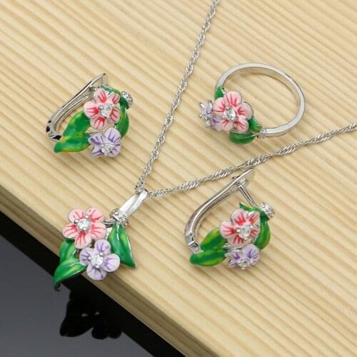 Authentic Silver 925 Earrings Jewelry Sets for Women Multicolor Enamel Flower Necklace Sets with Stone Jewellry Dropshipping