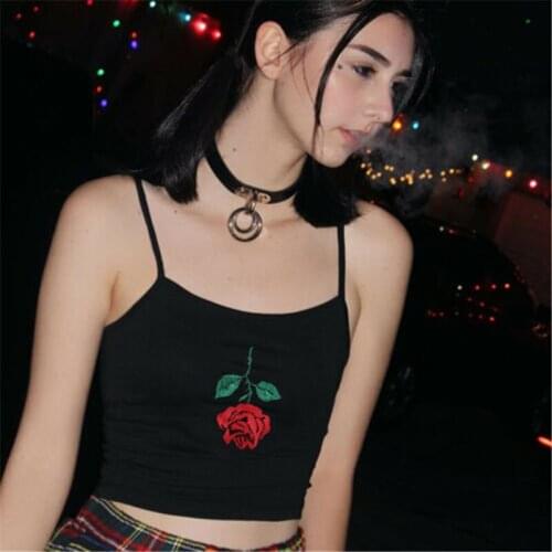Sexy Sleeveless Strap Floral Solid Slim Stretchy Short Top Night Club Wear Women Flower Embroidery Black Crop Tops