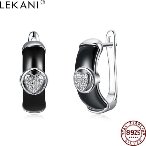 LEKANI 925 Sterling Silver Stud Earrings For Women Black Ceramic Heart 5A Clear Cubic Zirconia Earring Anniversary Fine Jewelry