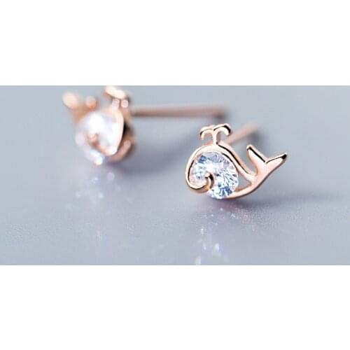 MloveAcc Real 925 Sterling Silver Cute Tiny Zircon Whale Stud Earrings for Lovely Women party Fashion Jewelry Rose gold Color