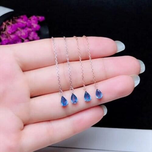Natural blue sapphire gem drop earrings S925 silver Natural gemstone Ear line women Simple water drop for party gift fine
