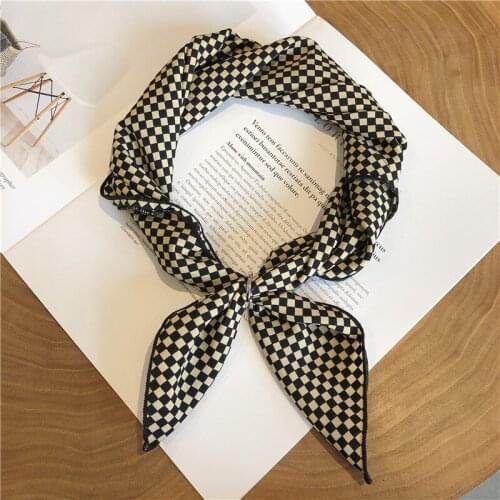 Luna&Dolphin Fashion Women Square Scarf 70x70cm Black Checkerboard Print Chiffon Silk Feeling Office Lady Headband Small Bandana