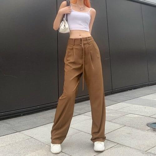 Vintage Khaki Suit Pants For Women Fall Fashion High Waist Wide Leg Stragiht Trousers Female Casual Floor-Length Belt Pant 2021