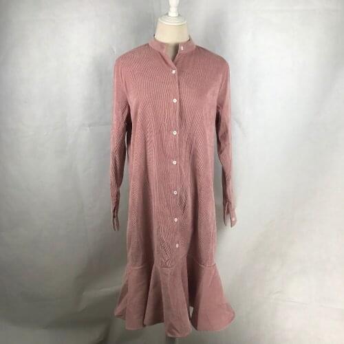 PERHAPS U Pink Stand Collar Long Sleeve Loose Ruffle Solid Ruffle Button Knee Length Dress Sheath Corduroy Dress Autumn D0866