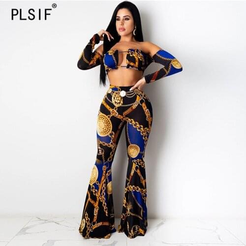 European vintage fashion print women set long sleeve backless strapless crop top and pants 2 piece set beach style set