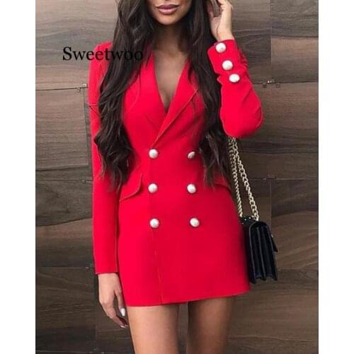 Women Notched Lapel Collar Double Breasted Pocket Design Blazer Dress Chic Elegant Long Sleeve Office Lady Spring Fall Dress
