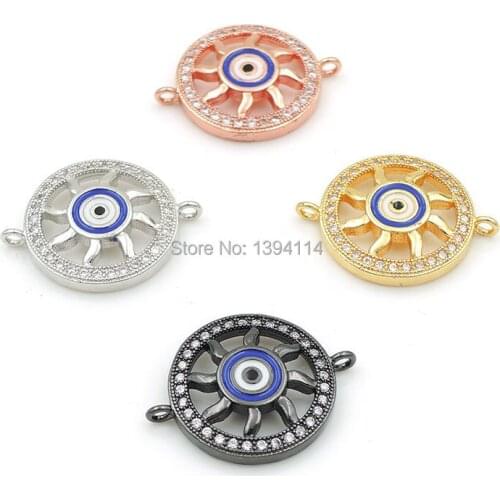 21*16*2mm Micro Pave Clear CZ Round Of Sun Connectors With Enamelling Blue Eye Fit For Men And Women Making Bracelets Jewelry