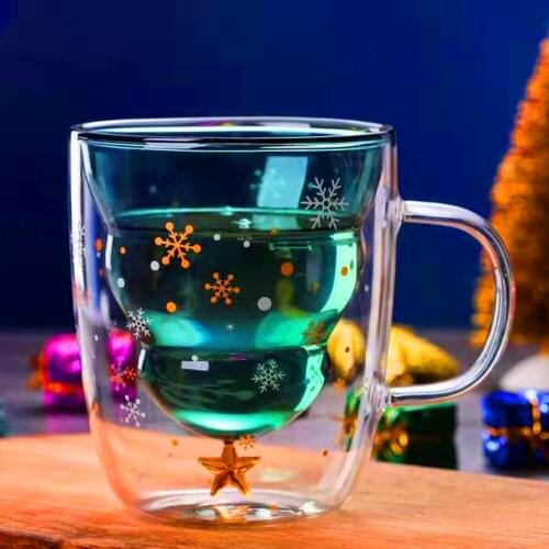 300ml Creative Christmas Mug Glass Christmas Tree Star Cup High Temperature Double Water Cup Party Xmas Gifts