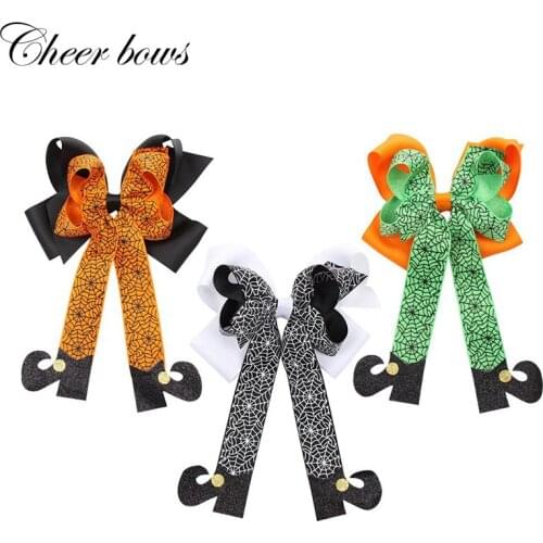 4" Halloween Cobweb Print Ribbon Hair Bows Children Kids Bowknot Glitter Boots Hair Clip for Girls Hairgrip Hair Accessories