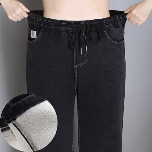Plus Velvet Snow Jeans Women Casual Pants High Waist Winter Warm Elastic Waist Pencil Pants Fashion Denim Trousers Plus Size