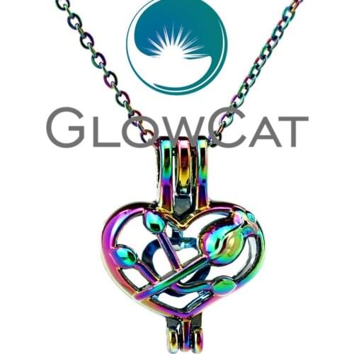 CC607 Women Girl Rainbow Color Rose Heart Beads Cage Pendant Essential Oil Diffuser Aroma Pearl Cage Locket Necklace