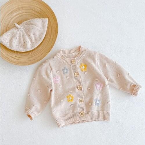 2021 Baby Girl Cardigan Autumn New Knitting Cotton Yarn Handmade Flowers Embroidery Sweater Long Sleeve Cardigan Coat